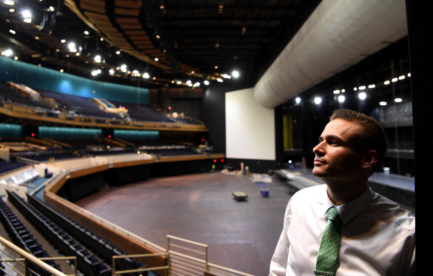 Dan Bernbach, the executive director of the Park Theatre, stands insdie the newly constructed stage inside the Monte Carlo in Las Vegas.