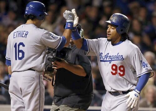 Photo: Dodger Manny Ramirez gestures during practice