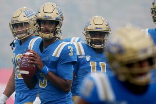 Pasadena, CA - UCLA Bruins quarterback Dante Moore warms up before a non-conference game.
