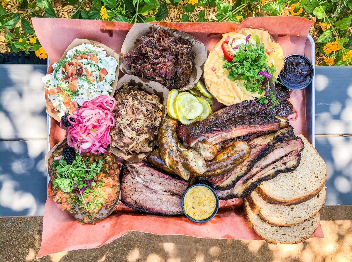 A tray of meats and sides from Heritage Barbecue is San Juan Capistrano.