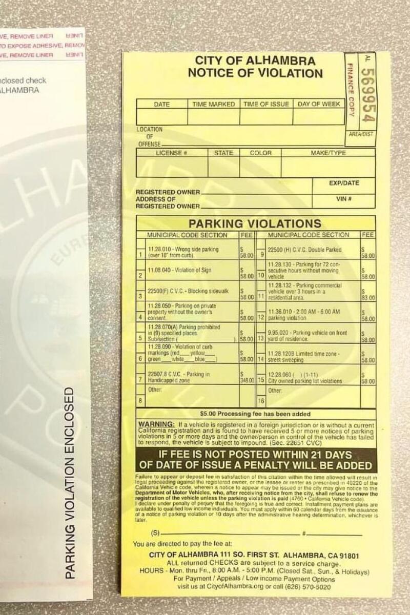 An example of a real Alhambra parking ticket.