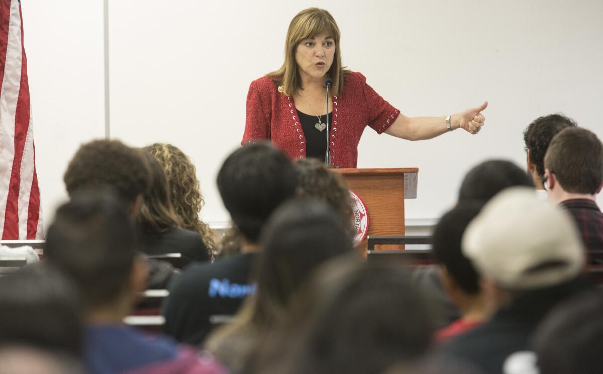 U.S. Senate candidate Loretta Sanchez talks with students at Cal State Northridge on Tuesday.
