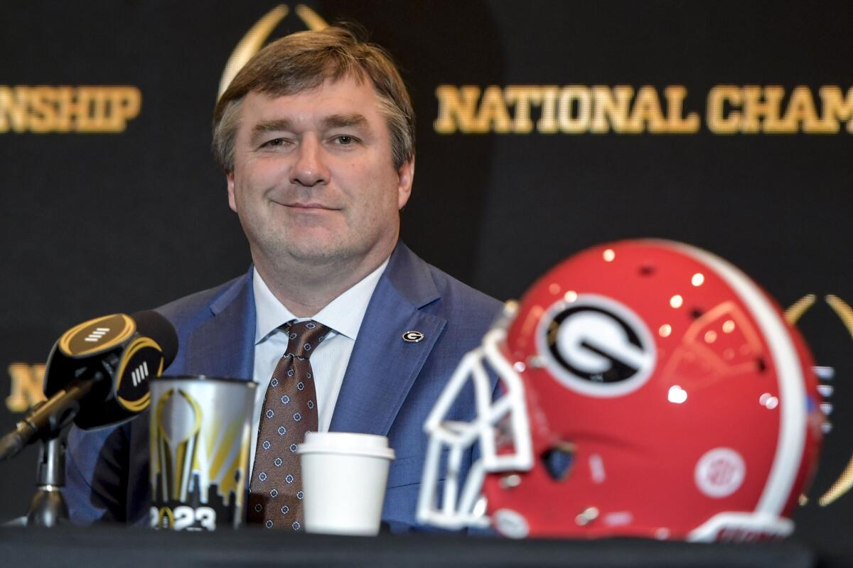 Georgia coach Kirby Smart participates in a news conference on Sunday.