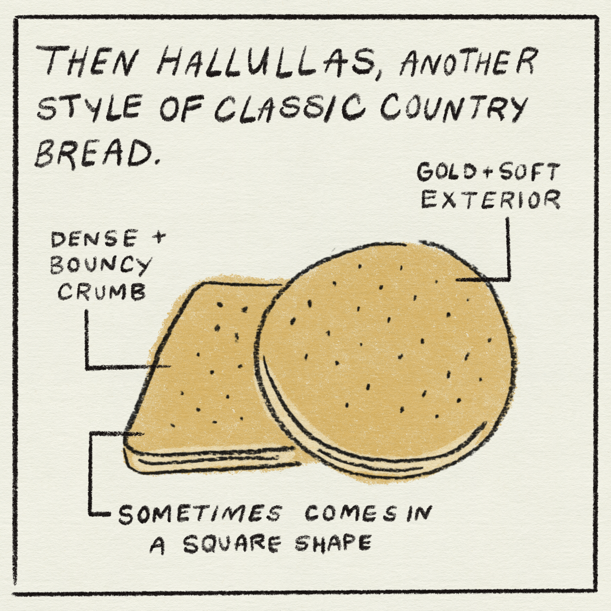 Then Hallullas, another style of classic country bread." "dense + bouncy crumb, gold + soft exterior."