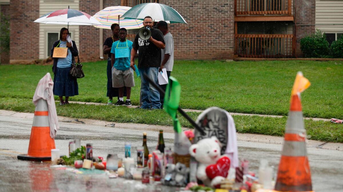 This photo, taken on August 16, 2014, shows demonstrators protesting at the site where Michael Brown was killed on Canfield Drive in Ferguson, Missouri.