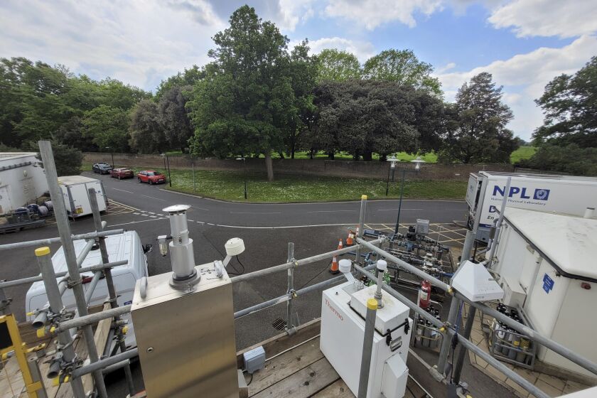 This photo provided by the National Physical Laboratory in June 2023 shows air sampling filters stationed outside the National Physical Laboratory in Teddington, England. In a study published Monday, May 5, 2023, in the journal Current Biology, researchers found that air quality monitoring stations — which pull in air to test for pollution — also pick up lots of DNA that can identify local wildlife. The method could help solve the tricky challenge of keeping tabs on biodiversity. (James Allerton/National Physical Laboratory via AP)