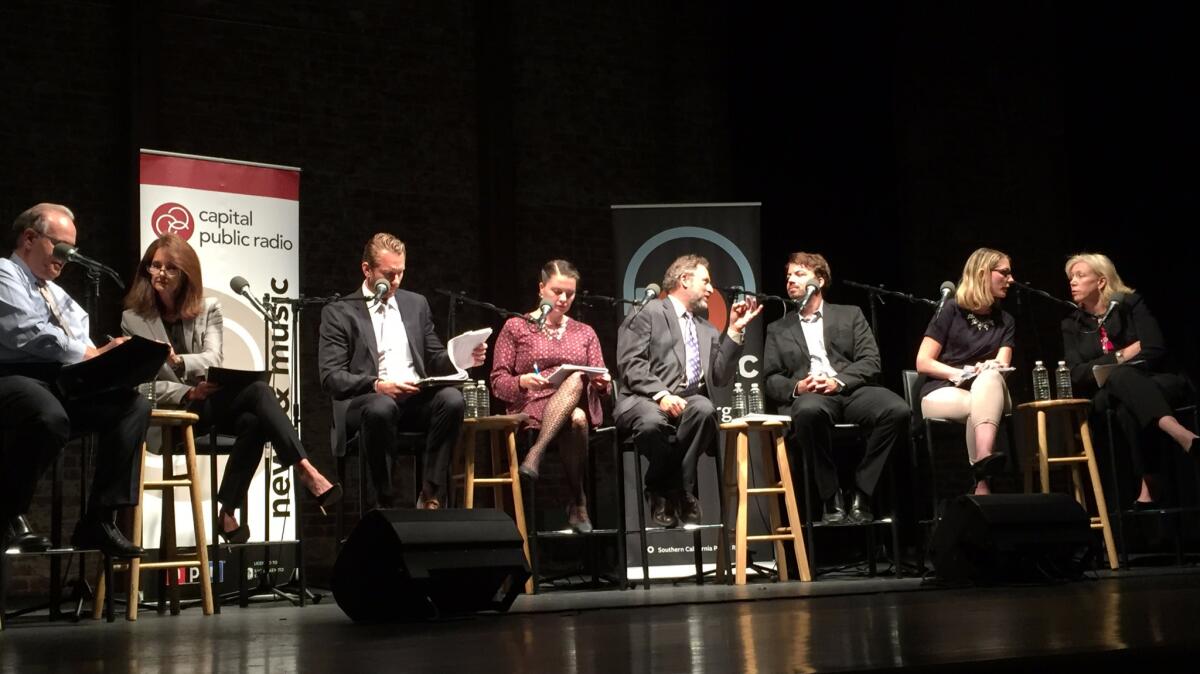 KPPC's Larry Mantle, left; Capital Public Radio's Beth Ruyak; Prop. 64 author Richard Miadich; dispensary owner Kimberly Cargile; journalists Peter Hecht and Joel Warner; Lauren Michaels of the California Police Chiefs Assn.; and Sacramento County Dist Atty. Ann Marie Schube.