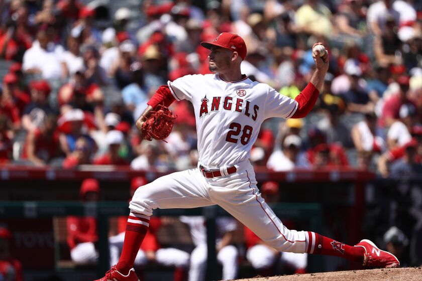 ANAHEIM, CALIFORNIA - SEPTEMBER 01: Pitcher Andrew Heaney #28 of the Los Angeles Angels pitches in the first inning during the MLB game against the Boston Red Sox at Angel Stadium of Anaheim on September 01, 2019 in Anaheim, California. (Photo by Victor Decolongon/Getty Images)