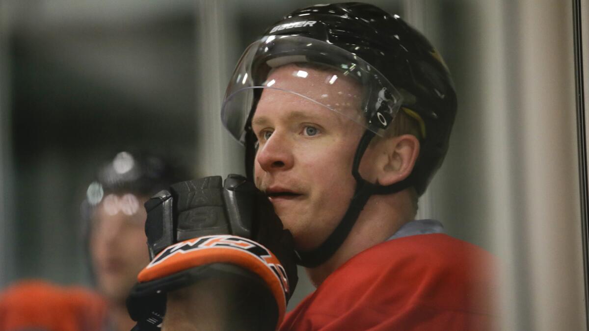 Ducks forward Corey Perry looks on during a team practice session on Sept. 19.