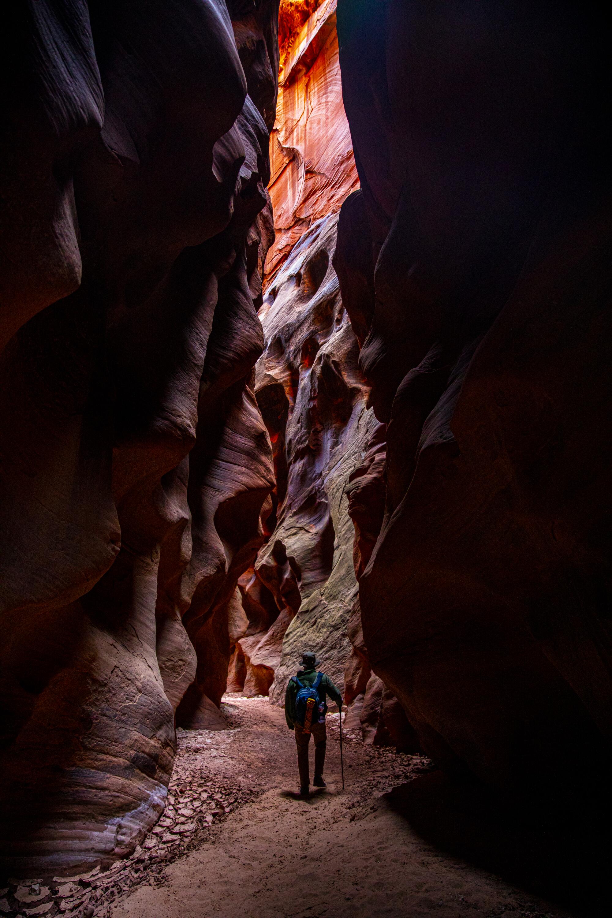 A hiker along a narrow slot flanked by the serpentine walls of Buckskin Gulch.