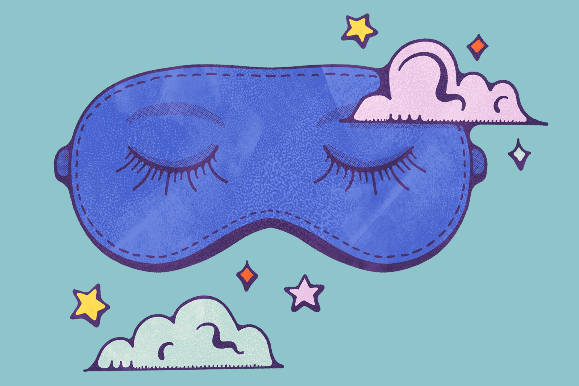 Illustration of a blue eye mask next to clouds
