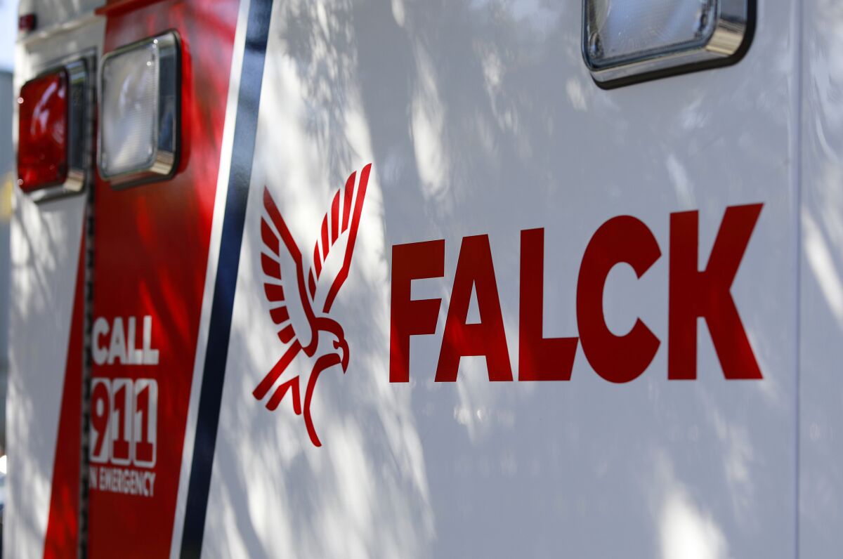 An image of a Falck USA ambulance. The company continues to fall short of its contract obligations with 
San Diego.