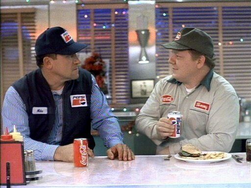 This undated image provided by PepsiCo. on Monday, July 19, 2010, shows Art LaFleur, left, who plays a Pepsi truck driver in the company's 1995 advertisement makes a cameo appearance in Pepsi MAX, Diner 2pointZero. PepsiCo Inc. will premiere a revamped version of its "Diner" Super Bowl commercial o