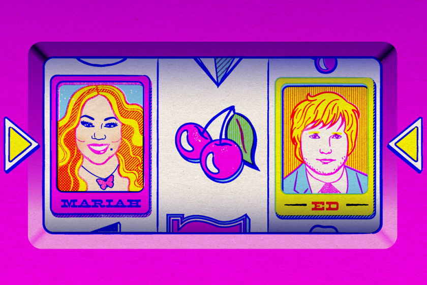 An illustration of a slot machine depicting Mariah Carey and Ed Sheeran