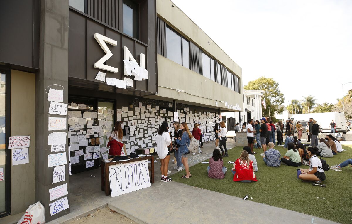 Protesters outside the Sigma Nu house at USC