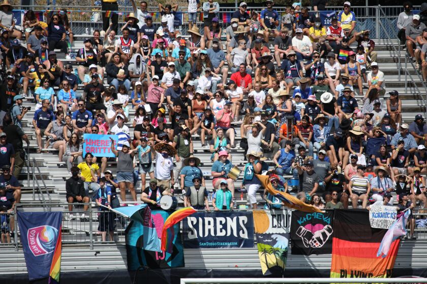 San Diego Wave FC fans watch the match against OL Reign at Torero Stadium in USD on Sunday, June 12, 2022.