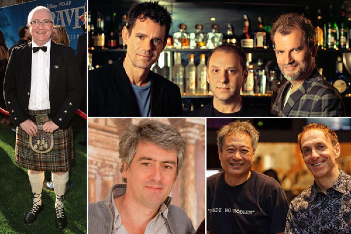 Clockwise: For "Brave," composer Patrick Doyle reached back to his roots. For "Cloud Atlas," filmmaker Tom Tykwer, left, asked composers Johnny Klimek, center, and Reinhold Heil to create what was described in the movie's stories as one of the greatest works ever composed. Ang Lee, right, asked composer Mychael Danna to create a sense of awe in "Life of Pi." Dario Marianelli was the composer for "Anna Karenina."