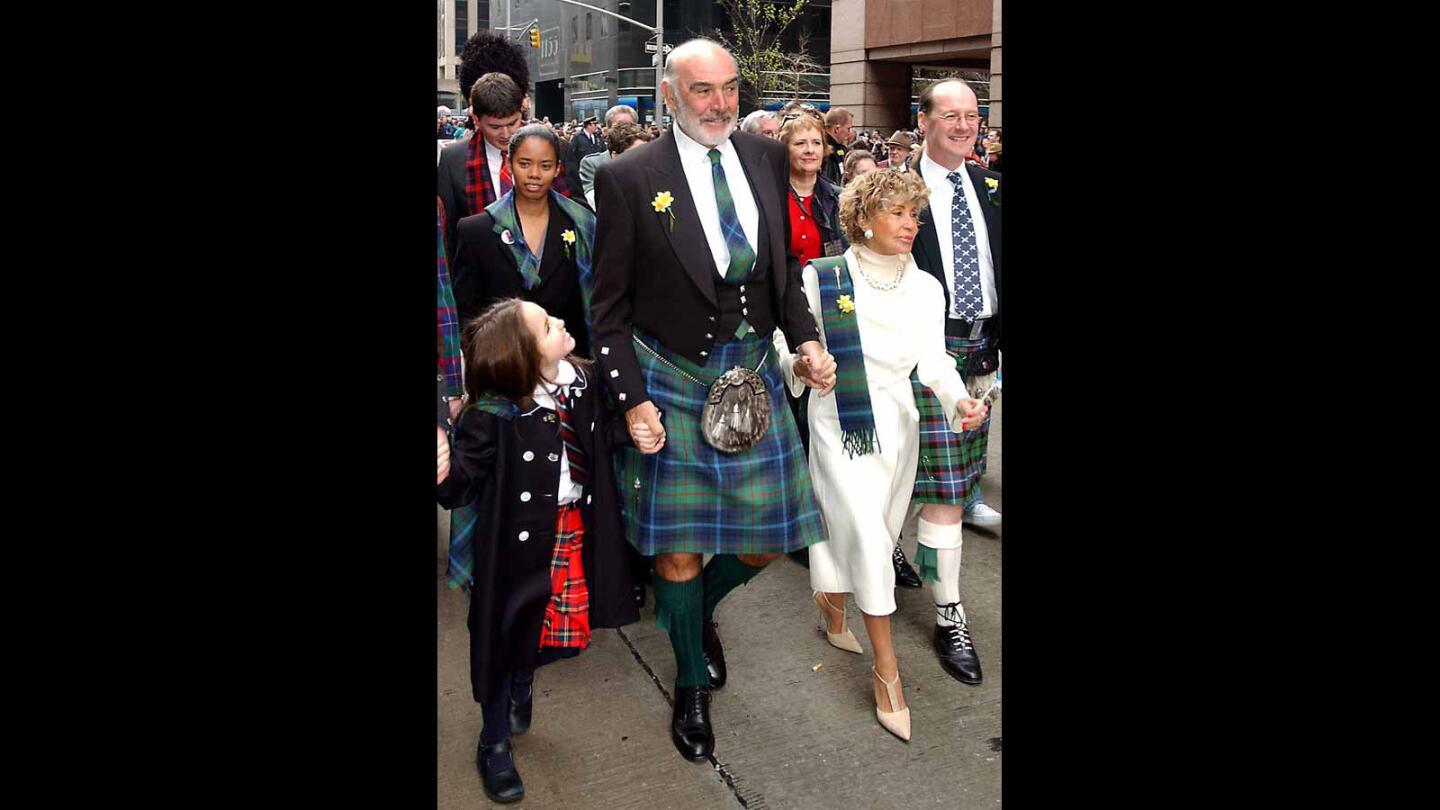 Connery leads a procession up 6th Avenue in Manhattan in the 2002 Tartan Day Parade.