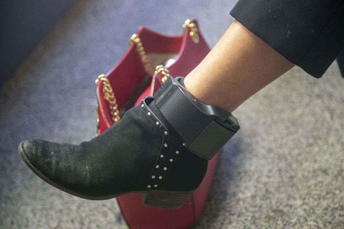 A woman's leg with an ankle monitor