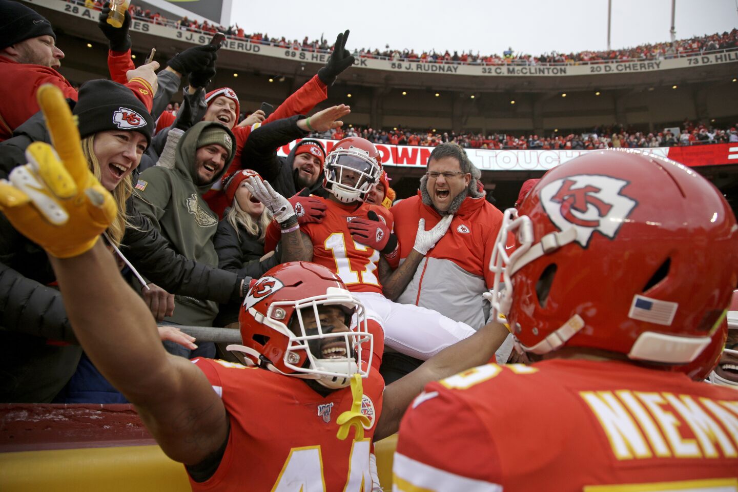 Chiefs receiver Mecole Hardman (17) celebrates a 104-yard kick return for a touchdown against the Chargers on Dec. 29.
