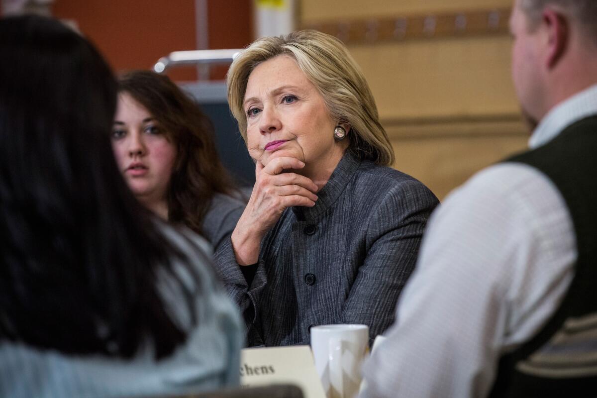 Democratic presidential hopeful and former Secretary of State Hillary Clinton speaks with students and faculty at Concord Community College in New Hampshire on April 21.