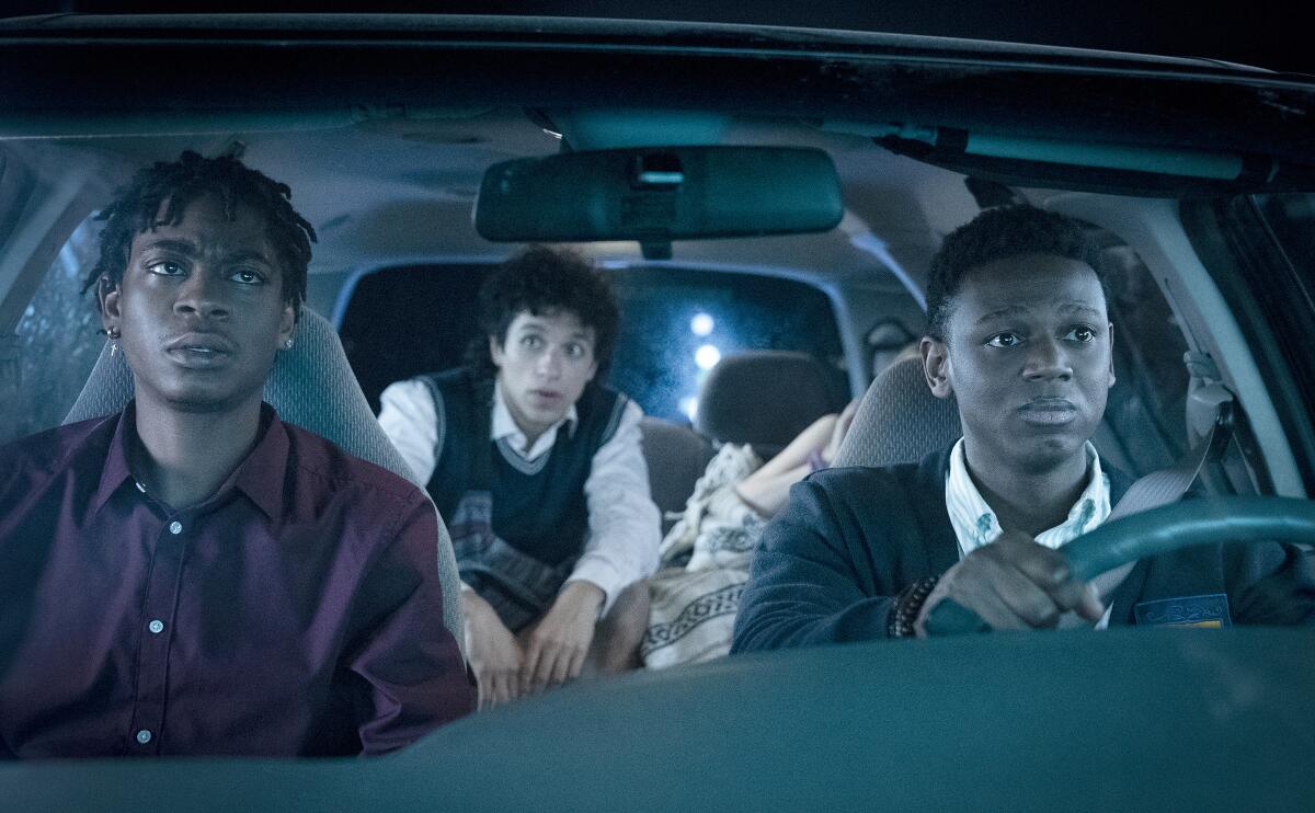 RJ Cyler, Sebastian Chacon, Maddie Nichols and Donald Elise Watkins in "Emergency."