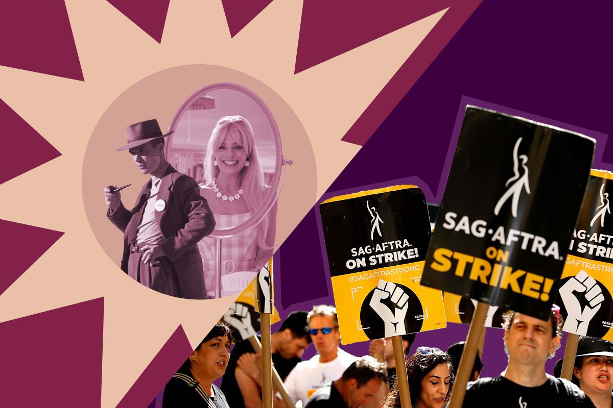 a sun with Oppenheimer and Barbie images at the center, juxtaposed with SAG-AFTRA members holding picket signs