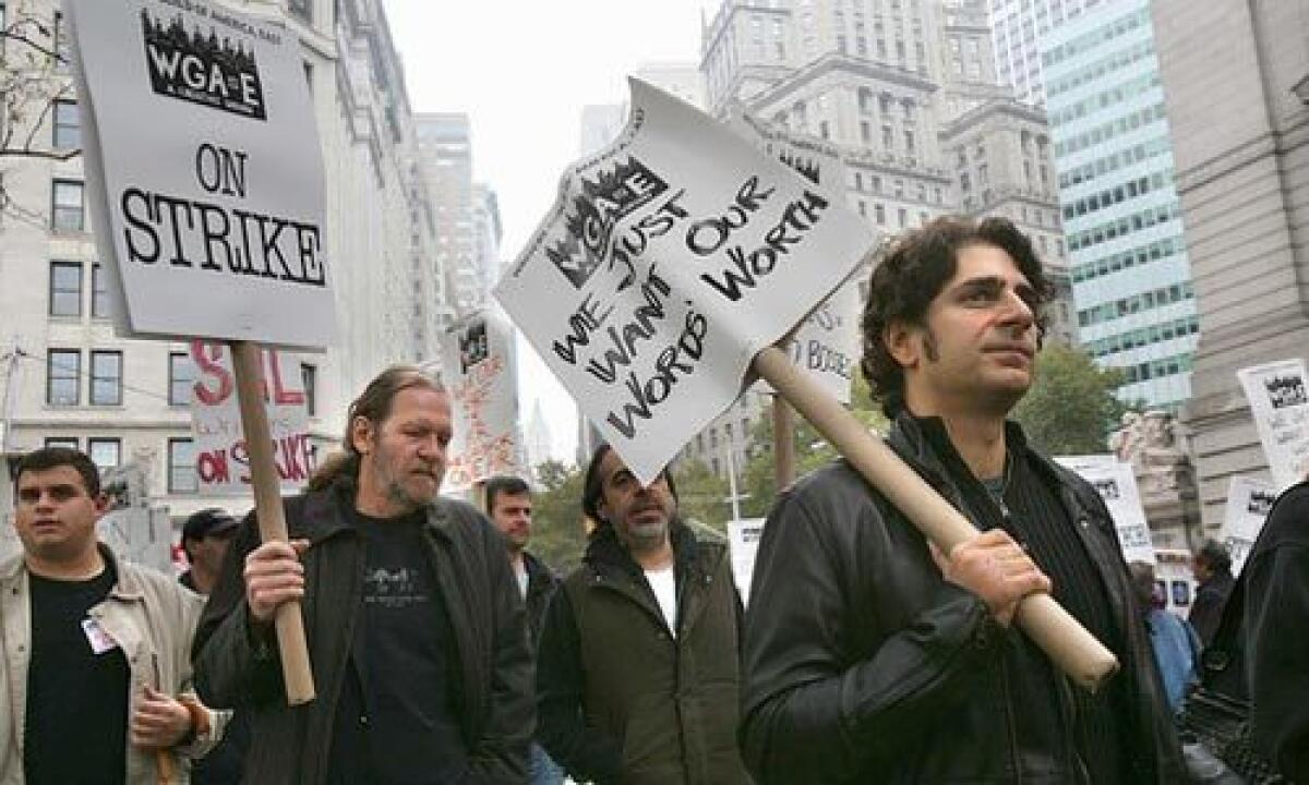 The Writers Guild of America, East set up picket lines at the edge of Battery Park, a subway stop away from Wall Street but as close as municipal officials would let them get to the New York Stock Exchange and the iconic bronze sculpture of a bull. Supporters of the WGA strike included Michael Imperioli, right, who played Christopher on "The Sopranos."