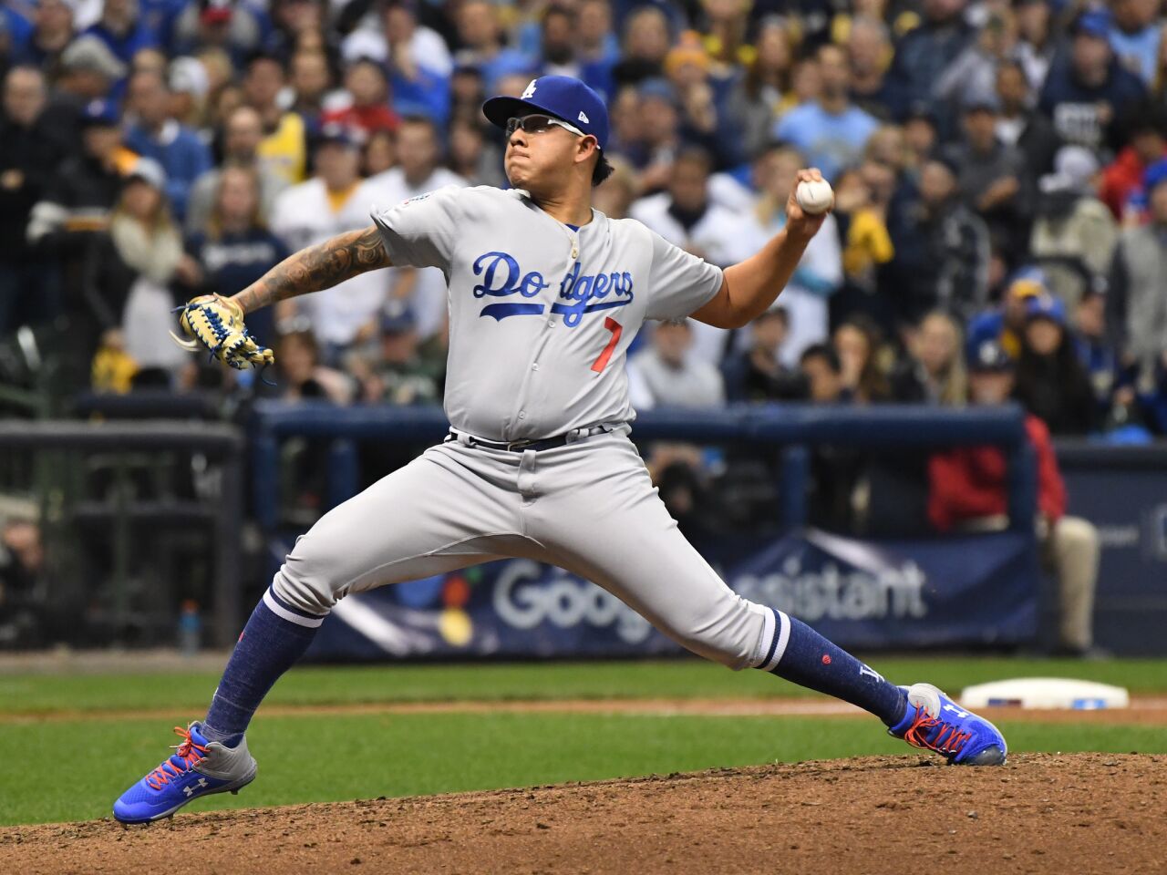 Dodgers relief pitcher Juan Urias throws in the fifth inning.