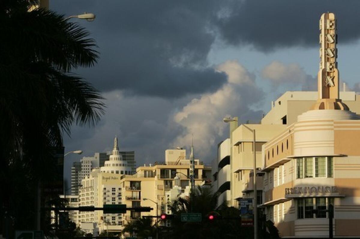 Art deco designed buildings line Collins Avenue in Miami Beach.