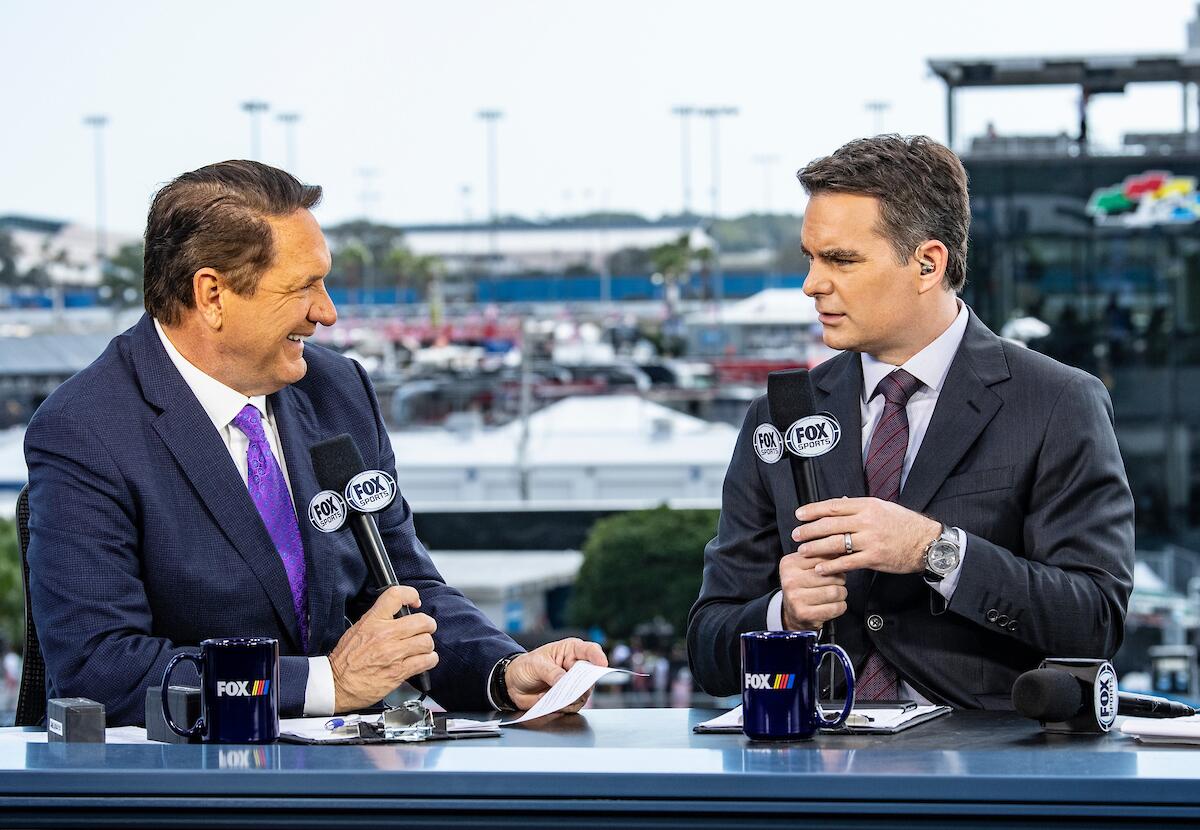 Chris Wallace, left, and Jeff Gordon talk during Fox Spots' Daytona 500 coverage.