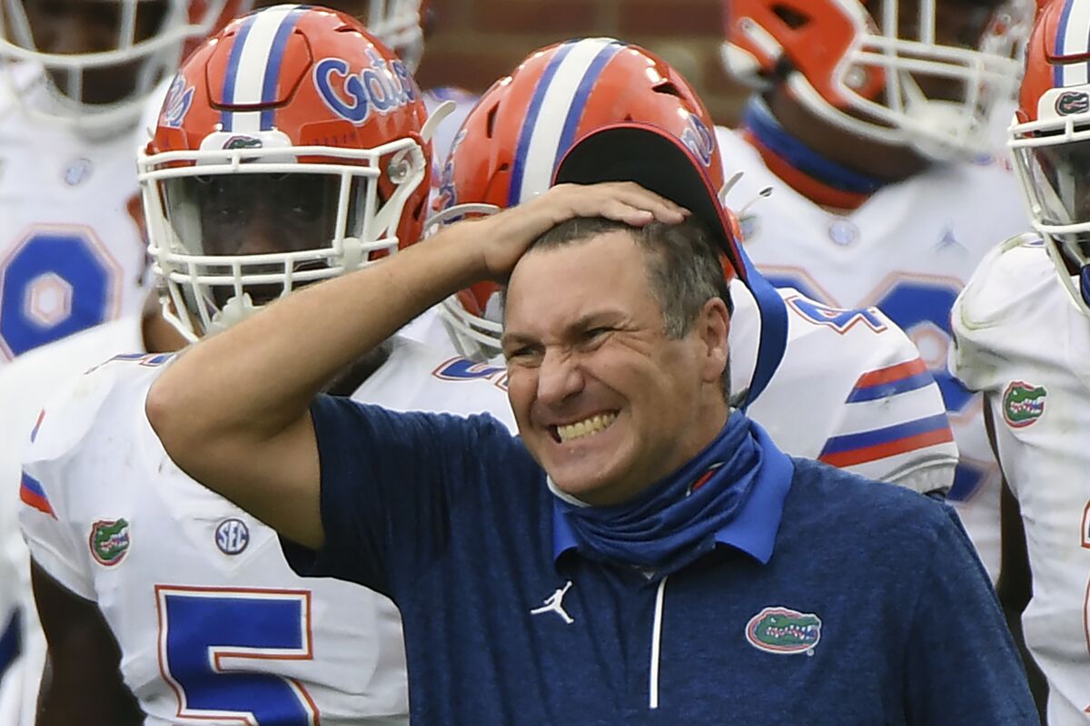 Florida head coach Dan Mullen reacts during the second half of a game against Mississippi.