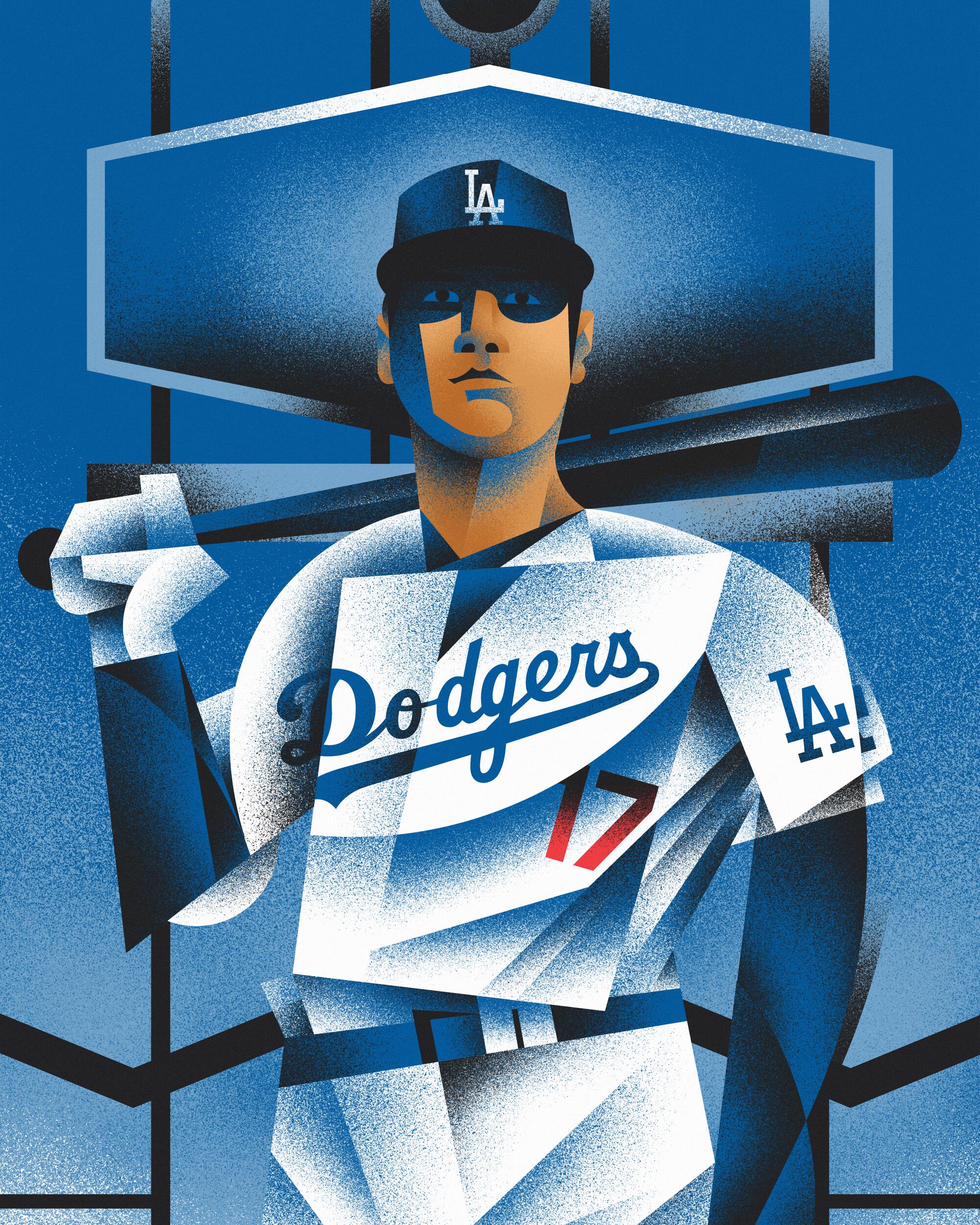 Illustration in cubist style of Shohei Ohtani wearing a Dodgers uniform holding a bat across his shoulders