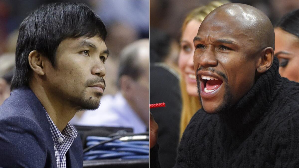 It appears Manny Pacquiao, left, and Floyd Mayweather Jr. have not signed anything yet for the long-anticipated fight.