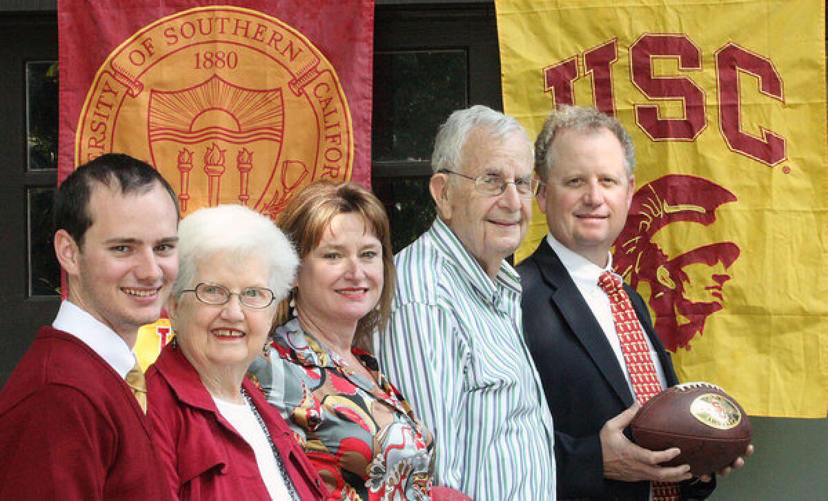 Three generations of USC attendees. From the left are Will, Thelma, Cheryl, John and Steve Orr. Photographed on Tuesday, October 8, 2013.