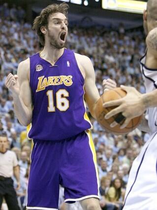 Lakers center Pau Gasol is none too happy after making one of his team-high four turnovers in the first half Friday night.