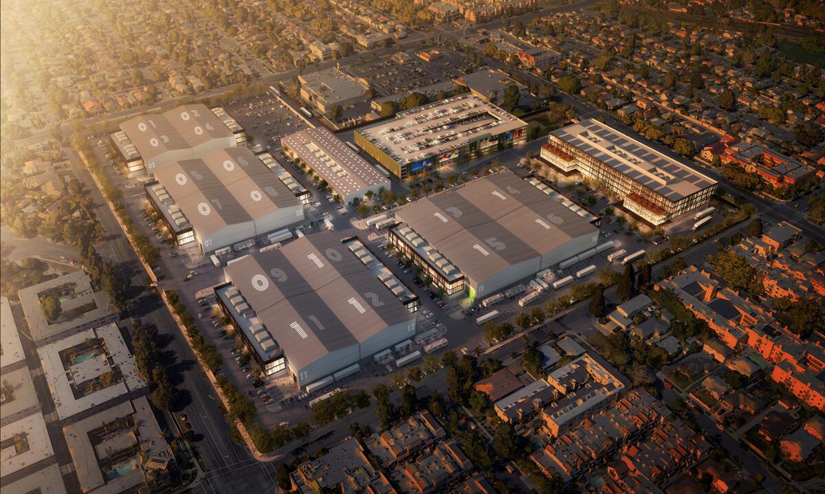 An aerial rendering of buildings on a movie studio lot.