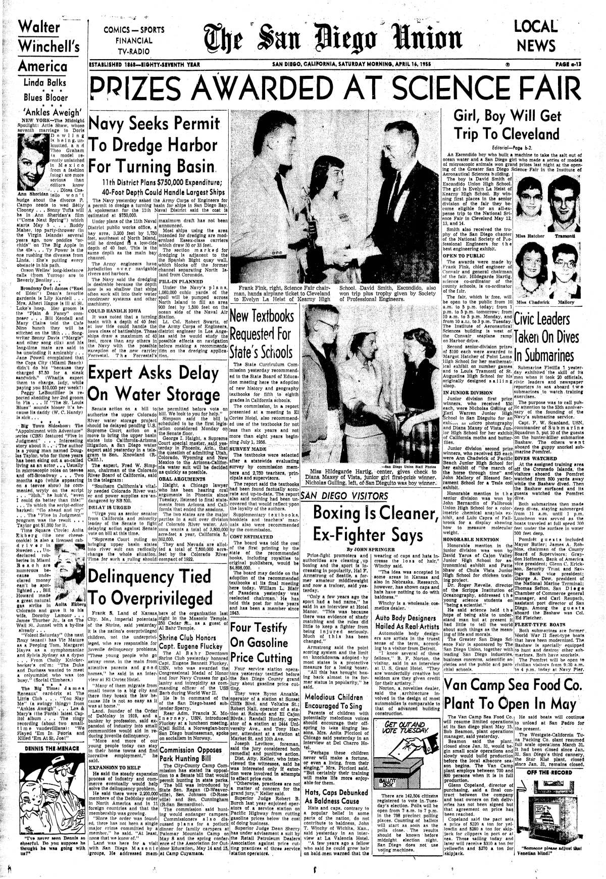 "Prizes awarded at science fair" published April 16, 1955 in The San Diego Union.