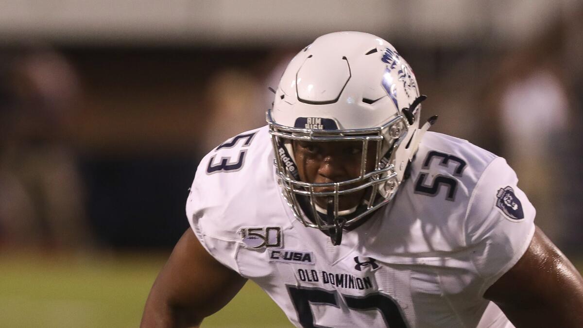 Old Dominion offensive lineman Khadere Kounta lines up during a game in 2019.