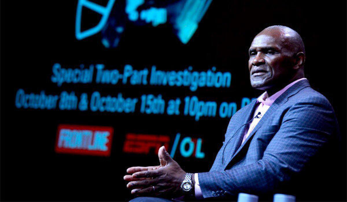 Hall of Fame linebacker Harry Carson speaks during the PBS' "League of Denial: The NFL's Concussion Crisis" session at the Television Critics Assn. summer press tour in Los Angeles on Aug. 6.