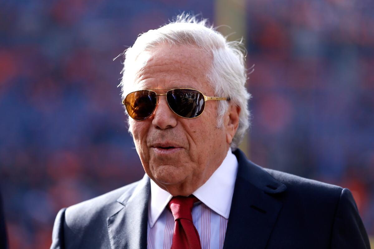 New England Patriots owner Robert Kraft looks on from the sideline on Jan. 24.