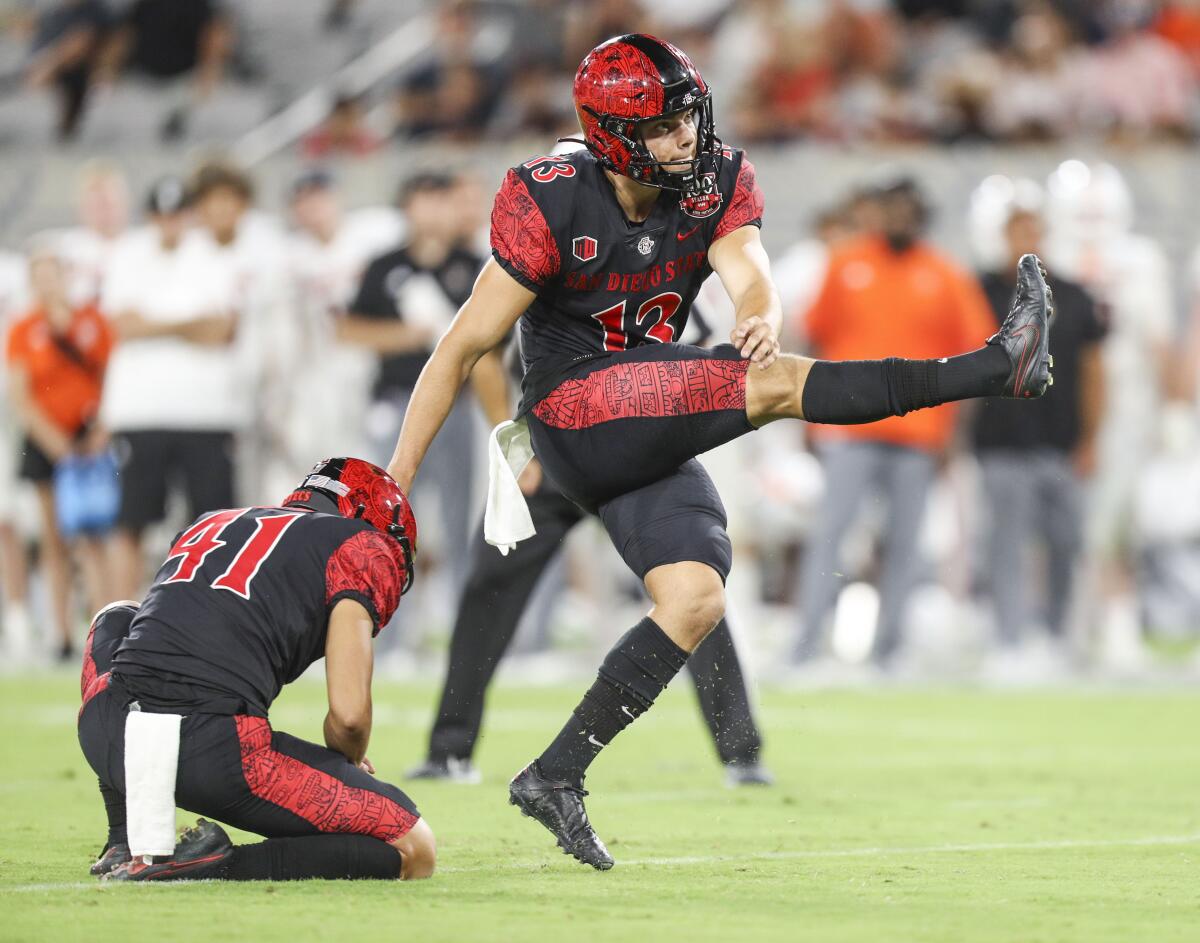 San Diego State's Jack Browning used his leg — and legs — in weekend win over Idaho State.
