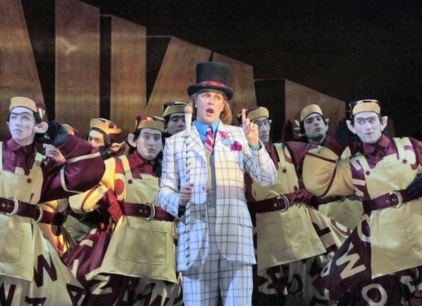 Daniel Okulitch as Willy Wonka with the Chorus of Oompa Loompas in Opera Theatre of St. Louis' 2010 production of "The Golden Ticket."