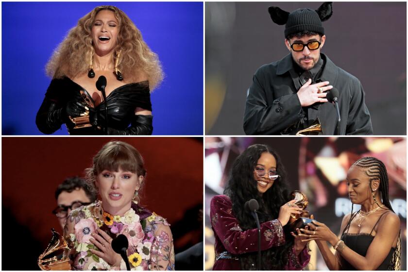 The 6 moments you need to see from the 2021 Grammy Awards: From top left: Beyonce, Bad Bunny, Taylor Swift, and H.E.R. and Tiara Thomas.