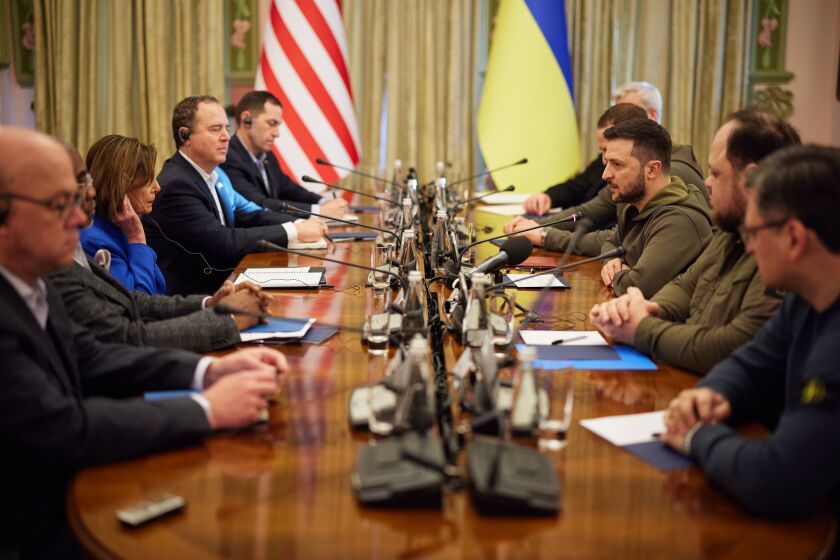 KYIV, UKRAINE - APRIL 30: Ukrainian President Volodymyr Zelensky meets U.S. Speaker of the House Nancy Pelosi during a visit by a U.S. congressional delegation on April 30, 2022 in Kyiv, Ukraine. The US Speaker of the House led a congressional delegation, which included Rep. Jim McGovern, Rep. Gregory Meeks and Rep. Adam Schiff, on a secret meeting with the Ukrainian president that was announced the next day, as they left the country for nearby Poland. (Photo by the Ukrainian Presidential Press Office/Handout via Getty Images)