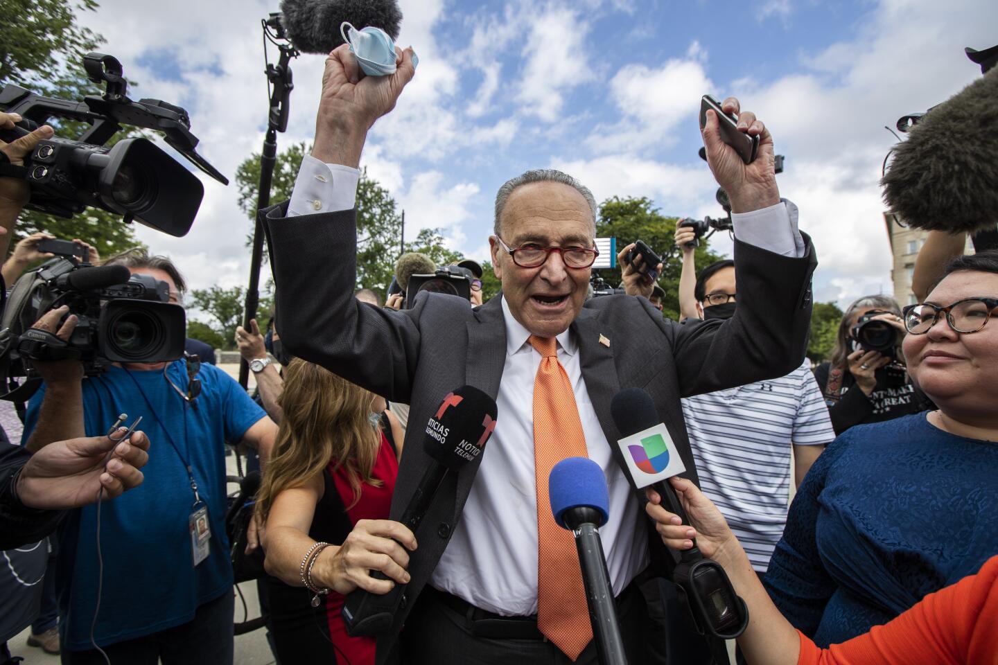 Senate Minority Leader Charles E. Schumer (D-N.Y.) celebrates.