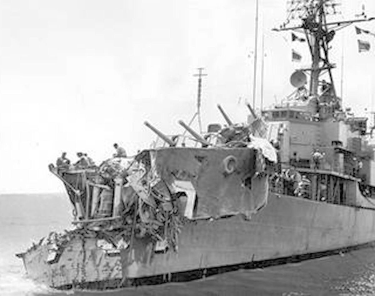 The demolished bow of the destroyer USS Collett shows the force of the collision with the USS Ammen in fog off Newport Beach that killed 11 Ammen sailors.