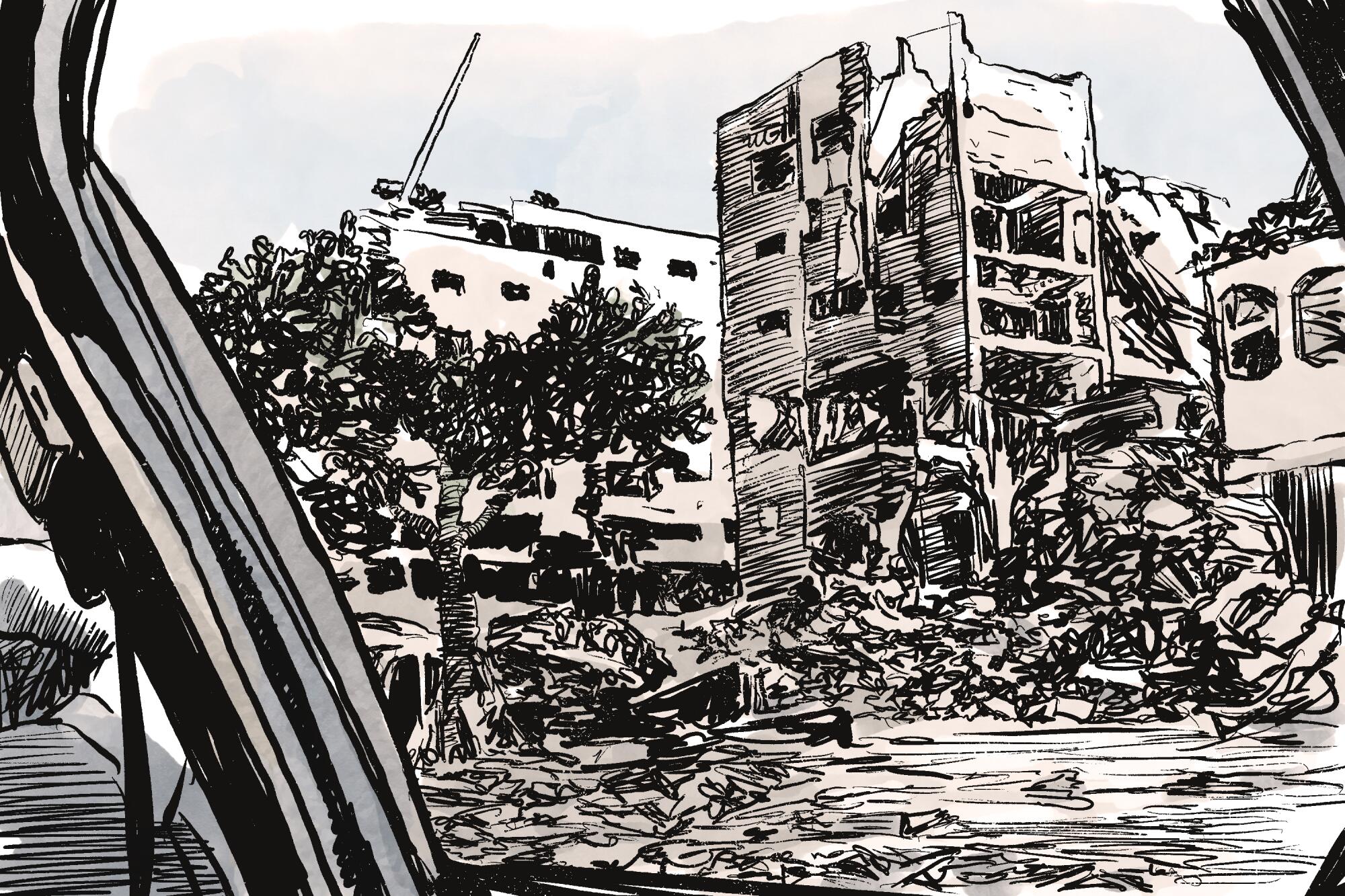 An illustration of destroyed buildings in Gaza seen through a car window.
