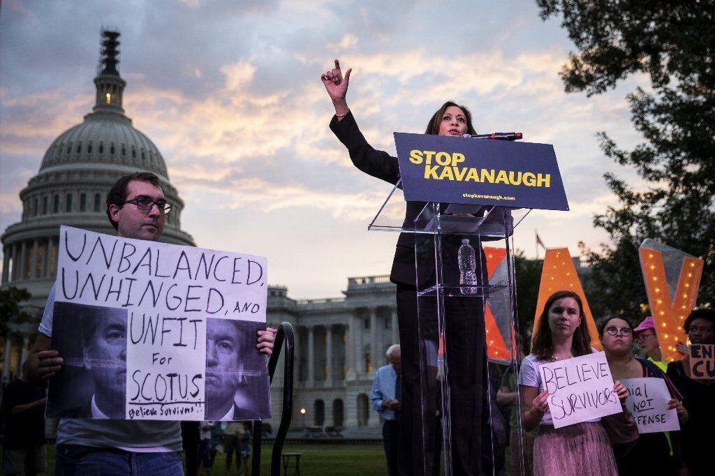Kamala Harris speaks at a protest against then-nominee for the Supreme Court Brett Kavanaugh in Washington.