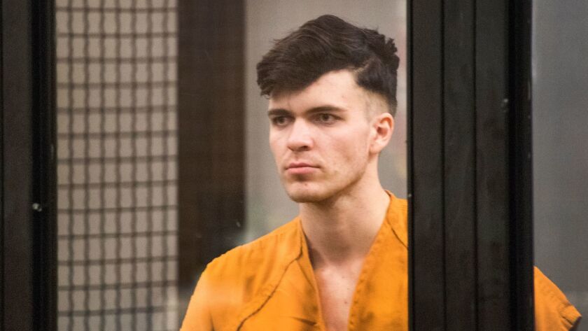 Samuel Woodward, 20, of Newport Beach appears for a hearing Wednesday in Orange County Superior Court. He is facing a murder charge in the stabbing death of former high school classmate Blaze Bernstein.
